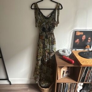 LILLY ROSE tropical leaf print maxi dress tie shoulder cutout waist